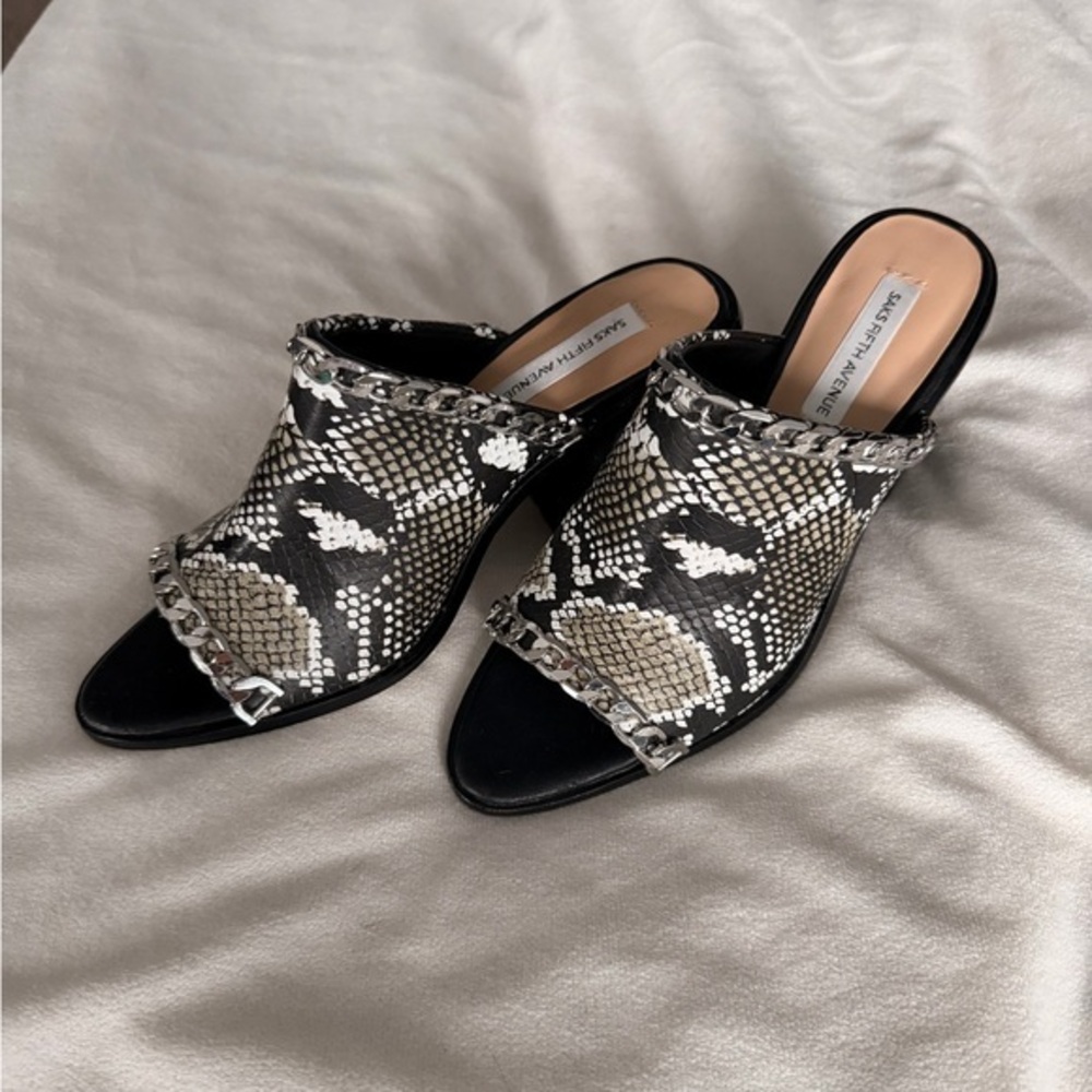 Saks Fifth Ave Black and White Snake Print Mules